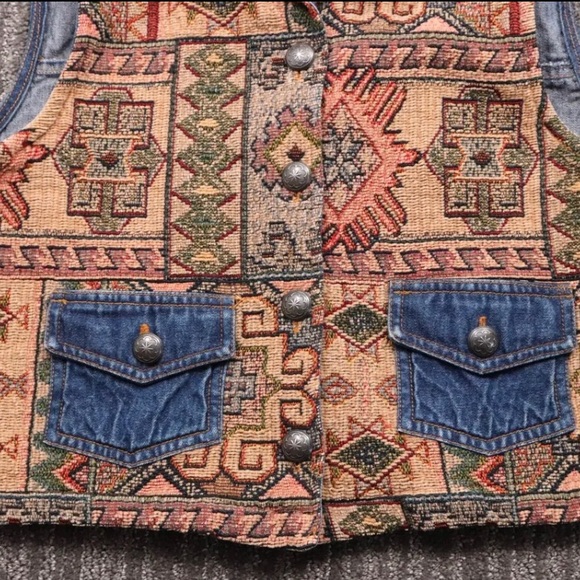 Vintage Denim Tapestry Woven Vest Southwestern Aztec Pattern Women's Petite S - Picture 2 of 11